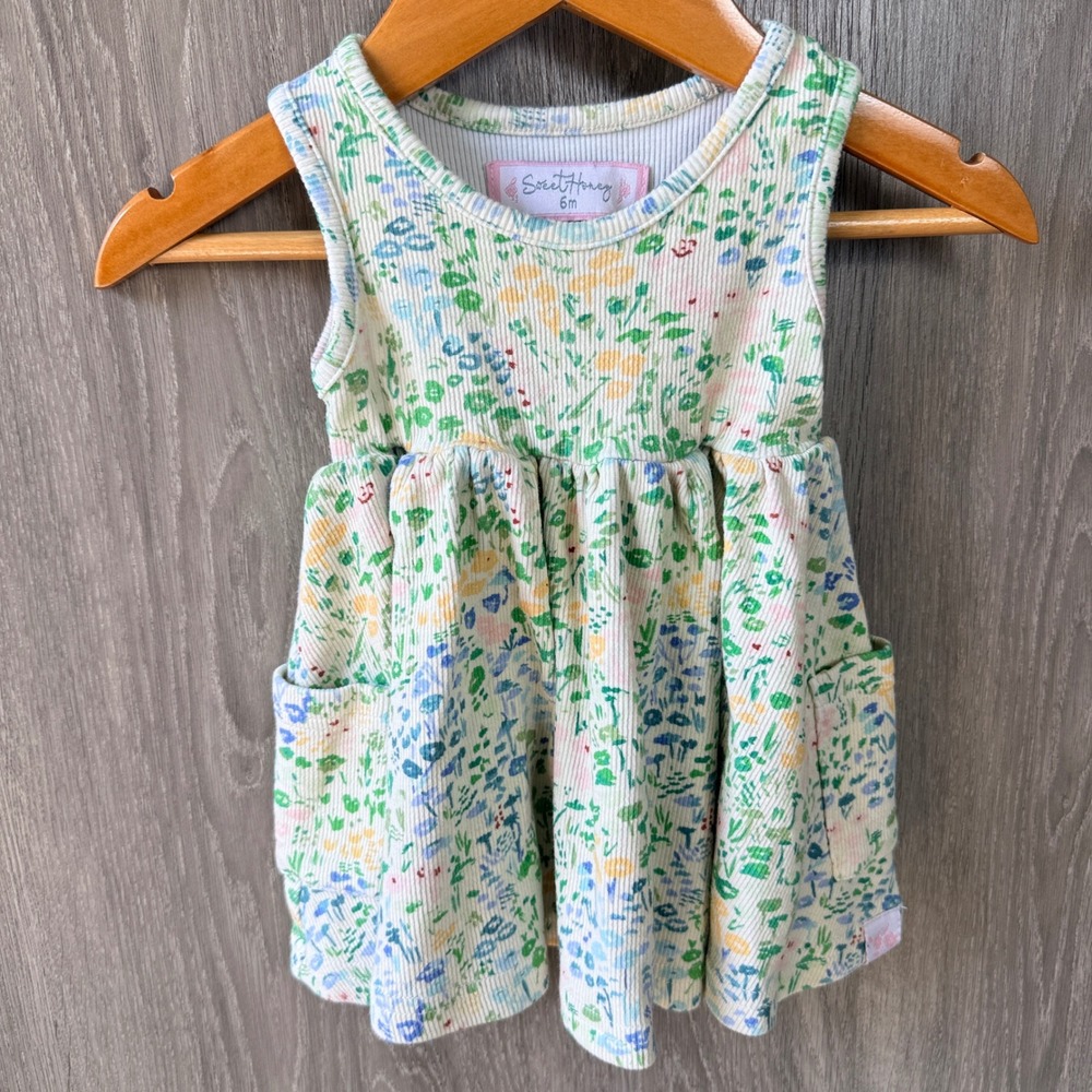SweetHoney Floral Ribbed Pocket Dress Girls 6m Cream Cottagecore Boho Spring